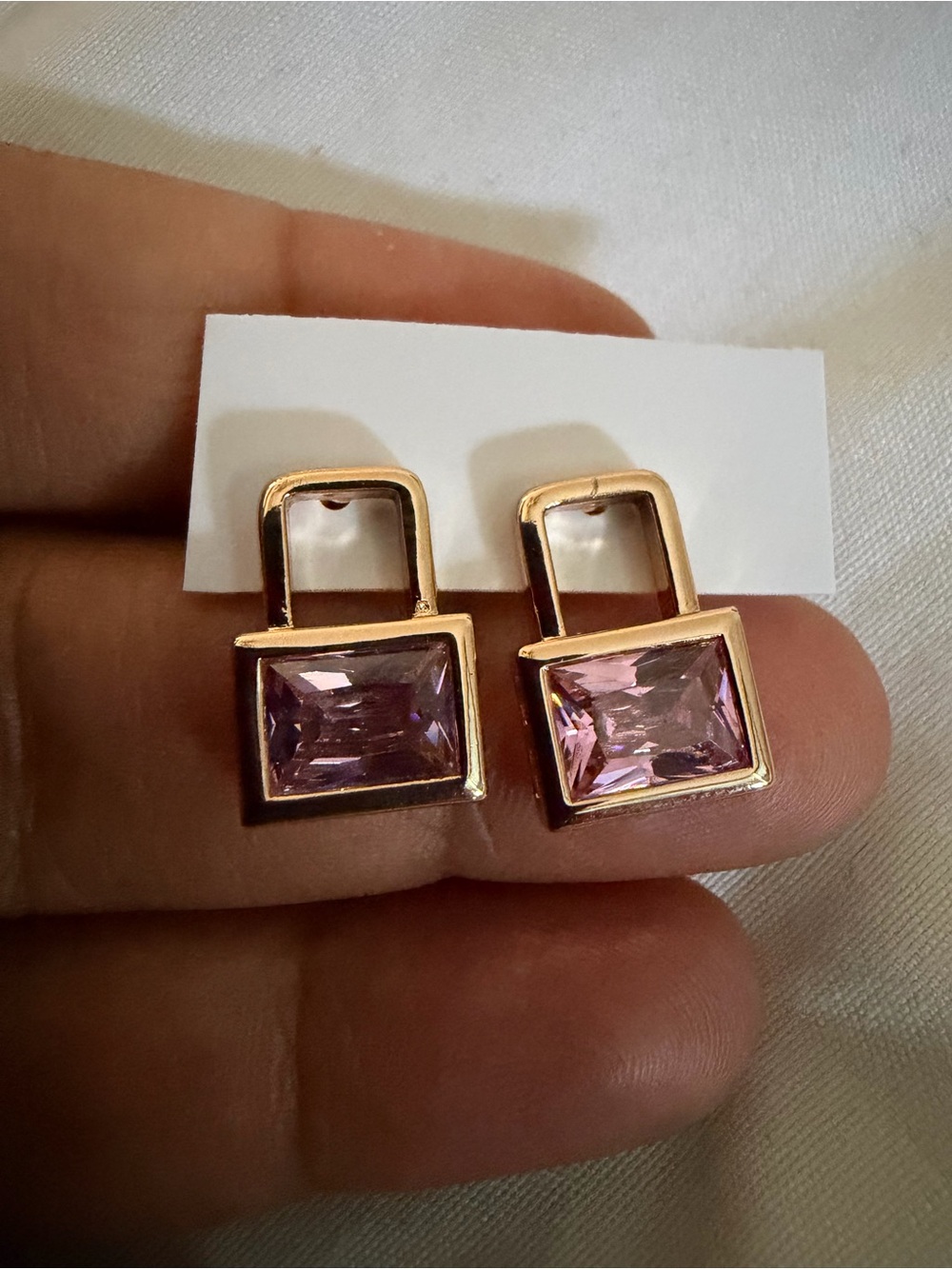 Gold-Tone Pink Rectangular Crystal Drop Earrings